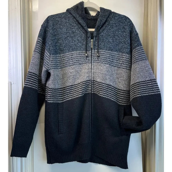 Mens Blue Color block Striped Fleece-Lined Full Zipper Jacket Hooded - Picture 10 of 11